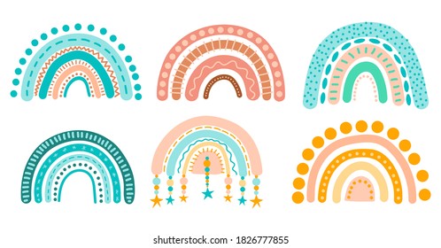 Cute abstract rainbows set isolated on white background. Modern boho vector illustration for cards, home decor and print design. Scandinavian elements.