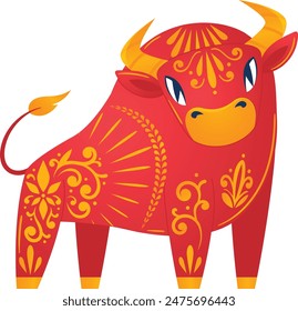 Cute abstract red bull gold decorative patterns isolated white background. Stylized festival bull intricate floral yellow designs vector illustration. Adorable smiling red bullock elaborate golden