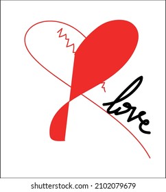 Cute abstract red heart with red lightning and inscription Love on a white background