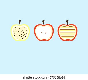 Cute abstract red and yellow apple slice with stripes line and dots on blue sky background, illustration for your design backdrop pattern wallpaper. Vector image