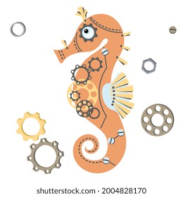 Cute abstract sea horse with gear wheels, metal detail. Mechanical seahorse. Steampunk style. Cartoon design. Vector illustration.