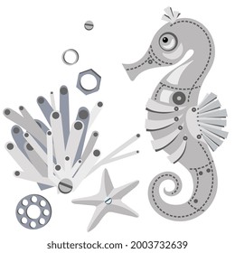 Cute abstract sea horse and starfish, coral, gear wheels. Mechanical metal seahorse. Steampunk style. Cartoon design. Vector illustration.