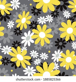 Cute abstract seamless pattern with big yellow,white chamomile flowers on the gray background. Summer floral vector illustration. Template for fashion prints, textile,fabric, wrapping gift paper.