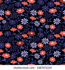 Cute abstract seamless pattern with  chamomile and orange flowers on the black background. Summer floral vector illustration.Template for fashion prints, textile,fabric, wrapping gift paper.