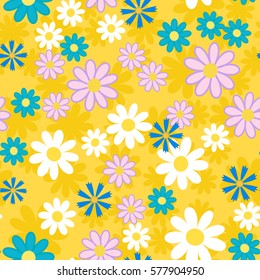 Cute abstract seamless pattern with colorful chamomile flowers on the yellow background.Summer floral vector illustration. Template for fashion prints, textile,fabric, wrapping gift paper.