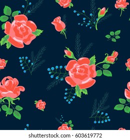 Cute abstract seamless pattern with colorful roses. Flowers and leaves on the dark background.Summer floral vector illustration  for prints,book covers, textile,fabric,wrapping gift paper
