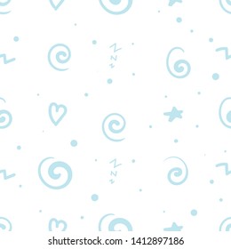 Cute abstract seamless pattern with curls, hearts, stars, zigzags and dots. White background. Doodle style illustration. Vector.