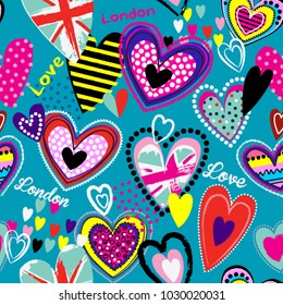 Cute Abstract Seamless Pattern With Elements British Flag On Heart. Pretty Fashion Girlish Background. Girlish Print With Colorful Dots