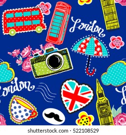 Cute abstract seamless pattern with elements city LONDON on heart.Background.Pretty fashion girlish illustration design.Girlish print with camera,bus,Big Ben,british flag.Wallpaper for boys and girls
