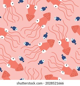 Cute abstract seamless pattern with octopus and fish on a pink background. Underwater wildlife and cute marine animals. Vector illustration flat, wallpaper, background, print, textiles.