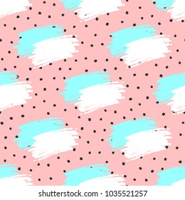 Cute abstract seamless pattern with repeating polka dots and brush strokes. Drawn by hand. Sketch, watercolour, grunge, paint, splash. Endless modern vector illustration.