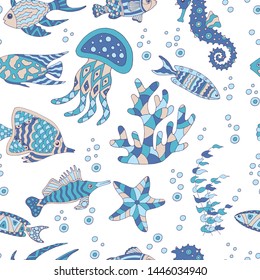 Cute abstract seamless pattern with sea fish, starfish, coral, seahorse, jellyfish, seaweed on blue background