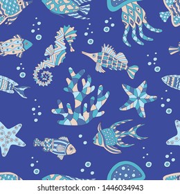 Cute abstract seamless pattern with sea fish, starfish, coral, seahorse, jellyfish, seaweed on blue background