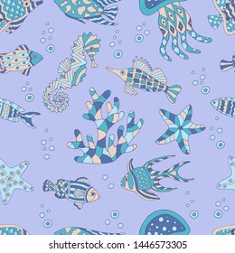 Cute abstract seamless pattern with sea fish, starfish, coral, seahorse, jellyfish, seaweed on purple background
