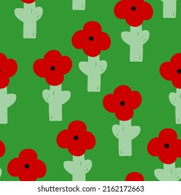 Cute abstract seamless pattern with simple red flowers  on bright green background. Minimalistic childish vector  flower design  for wallpaper, textile, home decor and ect.