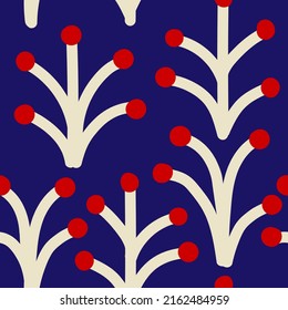 Cute abstract seamless pattern with simple branches of berries on bright blue background. Minimalistic vector design for wallpaper, textile, home decor and ect.