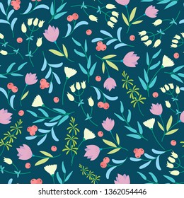 Cute abstract seamless pattern with small colorful  flowers on the dark background.Summer floral vector illustration.Template for prints,book covers, textile,fabric,wrapping gift paper.