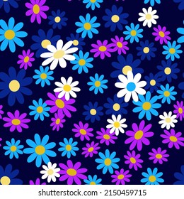 Cute abstract seamless pattern with small blue,white,purple chamomile flowers on  black background. Summer floral vector illustration.Floral print for textile,fabric, wrapping gift paper.