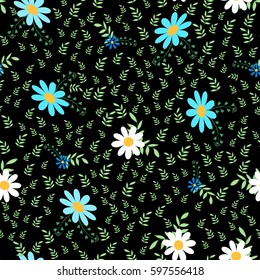 Cute abstract seamless pattern with small colorful chamomile flowers and leaves on the black background.Summer floral vector illustration  for prints,book covers, textile,fabric,wrapping gift paper.