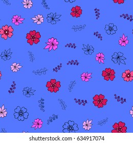 Cute abstract seamless pattern with small pink flowers on the  blue background.Summer floral vector illustration.Template for prints,book covers, textile,fabric,wrapping gift paper.