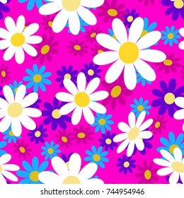 Cute abstract seamless pattern with small colorful chamomile flowers on the pink background. Summer floral vector illustration.Template for fashion prints,textile,fabric, wrapping gift paper.