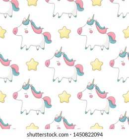 Cute abstract seamless pattern with unicorns and stars. White background. Cartoon style illustration. Vector.