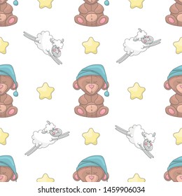 Cute abstract seamless pattern with yellow stars, jumping sheep and sleeping bears in night caps. White background. Cartoon style illustration. Vector.