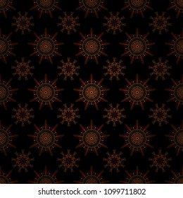 Cute abstract seamless snowflakes vector design on black background. Flat snow doodle icons, snow flakes silhouette in brown, yellow and red colors for christmas banner, cards. New year snowflake.
