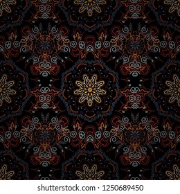 Cute abstract seamless snowflakes vector design on black background. Flat snow doodle icons, snow flakes silhouette in brown, orange and blue colors for christmas banner, cards. New year snowflake.