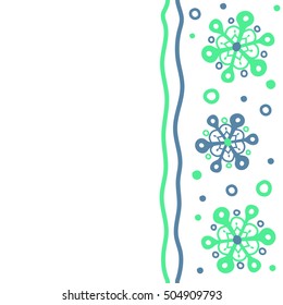 Cute abstract seamless snowflakes vector design on white background. Flat snow doodle icons, snow flakes silhouette in green colors for christmas banner, cards. New year snowflake with copy space.