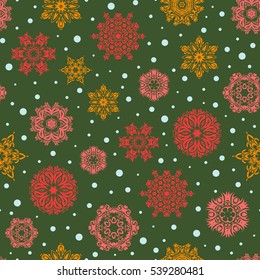 Cute abstract seamless snowflakes vector pattern. Flat snow doodle icons, snow flakes silhouette for christmas banner, cards. New year snowflake on green background.