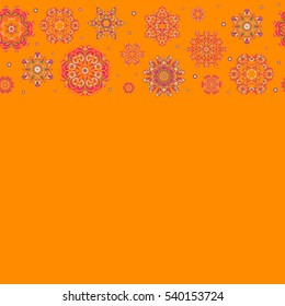 Cute abstract seamless snowflakes vector pattern. Flat snow doodle icons, snow flakes silhouette for christmas banner, cards. New year snowflake with place for your text on orange background.