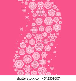 Cute abstract seamless snowflakes vector pattern. Flat snow doodle icons, snow flakes silhouette for christmas banner, cards. New year snowflake on pink background.