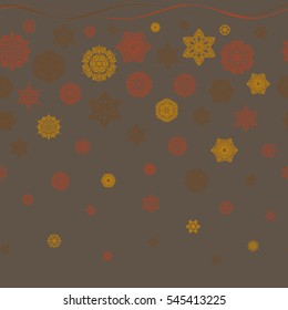 Cute abstract seamless snowflakes vector pattern. Flat snow doodle icons, snow flakes silhouette for christmas banner, cards. New year snowflake on brown background.