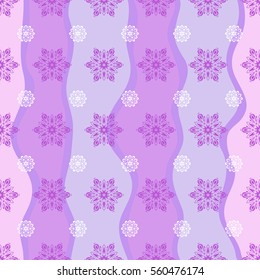 Cute abstract seamless snowflakes vector design on wave background. Flat snow doodle icons, snow flakes silhouette in violet and white colors for christmas banner, cards. New year 2018 snowflakes.