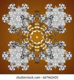 Cute abstract seamless snowflakes vector pattern. Flat snow doodle icons, snow flakes silhouette for christmas banner, cards. New year snowflake on brown background.