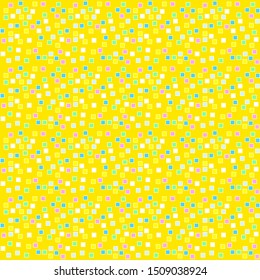 Cute abstract seamless vector pattern. Messy small squares and points on a white background. Yellow background.