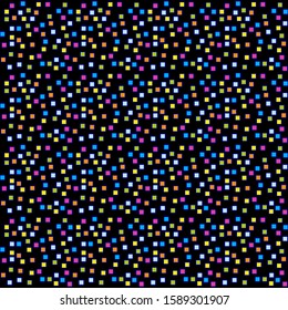 Cute abstract seamless vector pattern. Messy small squares and points on a white background. Blue, green, yellow, orange and black colors