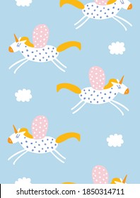 Cute Abstract Seamless Vector Pattern with Funny Hand Drawn Unicorns and Fluffy Clouds Isolated on a Pastel Blue Background. Magic Party Print ideal for Fabric, Textile, Wrapping Paper.