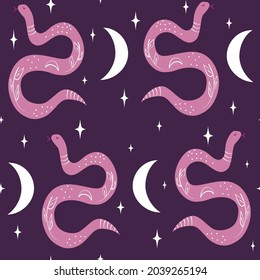 cute abstract seamless vector pattern background illustration with snakes, moon and stars