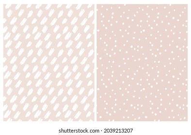 Cute Abstract Seamless Vector Patterns with White Irregular Brush Spots and Dots Isolated on a Light Brown Background. Funny Infantile Style  Geometric Design. Abstract Doodle Patterns. Dotted Print.