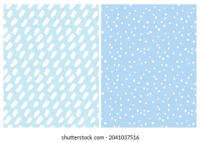 Cute Abstract Seamless Vector Patterns with White Irregular Brush Spots and Dots Isolated on a Pastel Blue Background. Funny Infantile Style  Geometric Design. Abstract Doodle Patterns. Dotted Print.