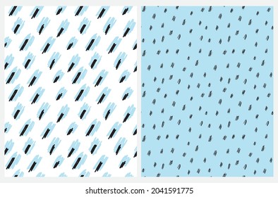 Cute Abstract Seamless Vector Patterns with White, Blue and Black Irregular Brush Spots Isolated on a White and Light Blue Background.Funny Infantile Style  Geometric Print.Abstract Doodle Patterns.