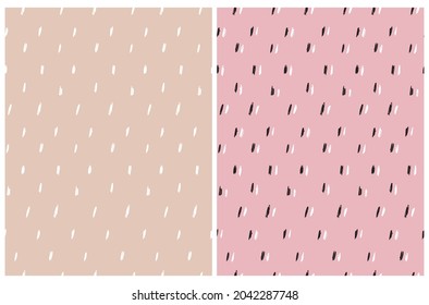 Cute Abstract Seamless Vector Patterns with Black And White Irregular Brush Lines Isolated on a Pastel Pink and Beige Background. Infantile Style Geometric Print. Abstract Doodle Pattern.