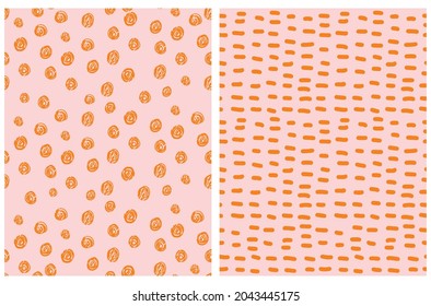 Cute Abstract Seamless Vector Patterns with Orange Irregular Brush Dots and Lines Isolated on a Pastel Pink Background. Infantile Style Geometric Print. Abstract Doodle Pattern.