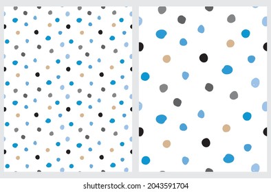 Cute Abstract Seamless Vector Patterns with Blue, Gold, Gray and Black Irregular Brush Dots Isolated on a White Background. Infantile Style Geometric Print. Abstract Dotted Doodle Pattern.