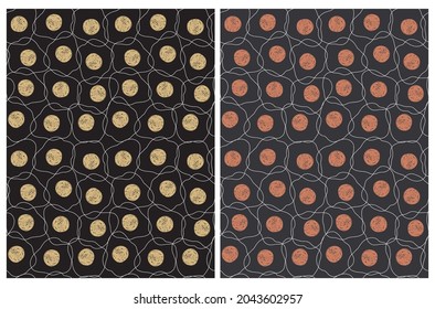Cute Abstract Seamless Vector Patterns with Irregular Brush Dots and Circles made of Scribbles Isolated on a Black Background. Infantile Style Geometric Print. Abstract Doodle Pattern.