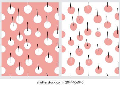 Cute Abstract Seamless Vector Patterns with Red and White Irregular Brush Dots and Black Lines Isolated on a White and Light Red Background. Geometric Print. Abstract Cherries Pattern.