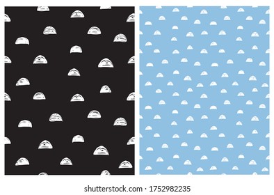 Cute Abstract Semi Circles Seamless Vector Pattern. White Irregular Brush Spots Isolated on a Light Blue and Black Backgrounds. Lovely Infantile Style Repeatable Print.Funny Abstract Freehand Design.