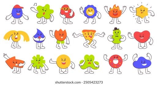 Cute abstract shape cartoon mascots. Anthropomorphic caricature characters with facial expressions and hand gestures, playful shapes poses for kids and creative designs vector set.